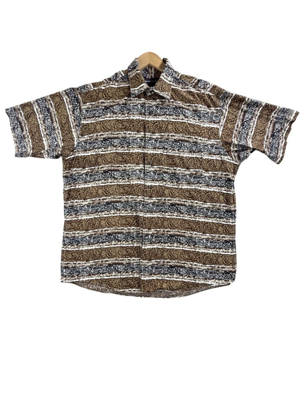Lawton Harbor Shirt Mens Large Brown Striped Button Up Short Sleeve Cotton AOP